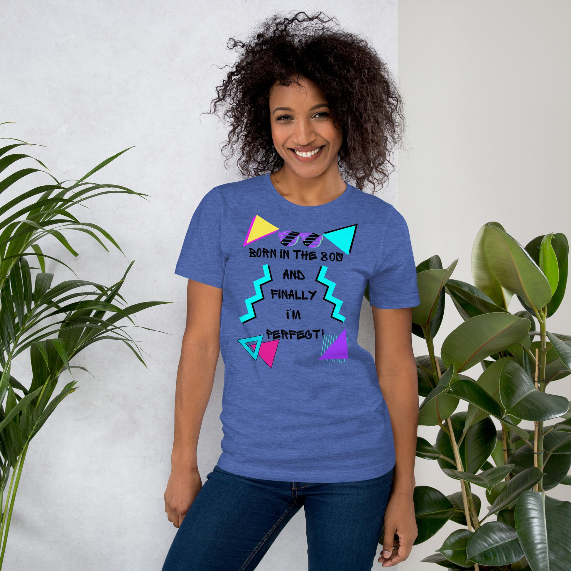 Hipyfi Unisex 80s Retro T-Shirt – Born in the 80s, Perfected for Today, featuring bold 80s graphic design and retro typography. heather-true-royal-front-2
