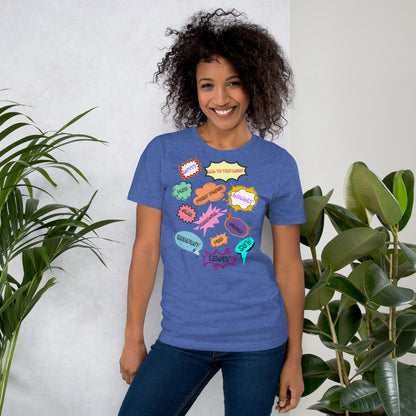 Unisex 80s graphic t-shirt with comic-style slang design by Hipyfi Clothes & Design. heather-true-royal-front
