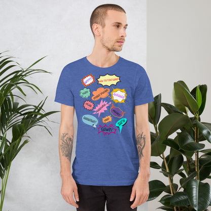 Unisex 80s graphic t-shirt with comic-style slang design by Hipyfi Clothes & Design. heather-true-royal-front-2