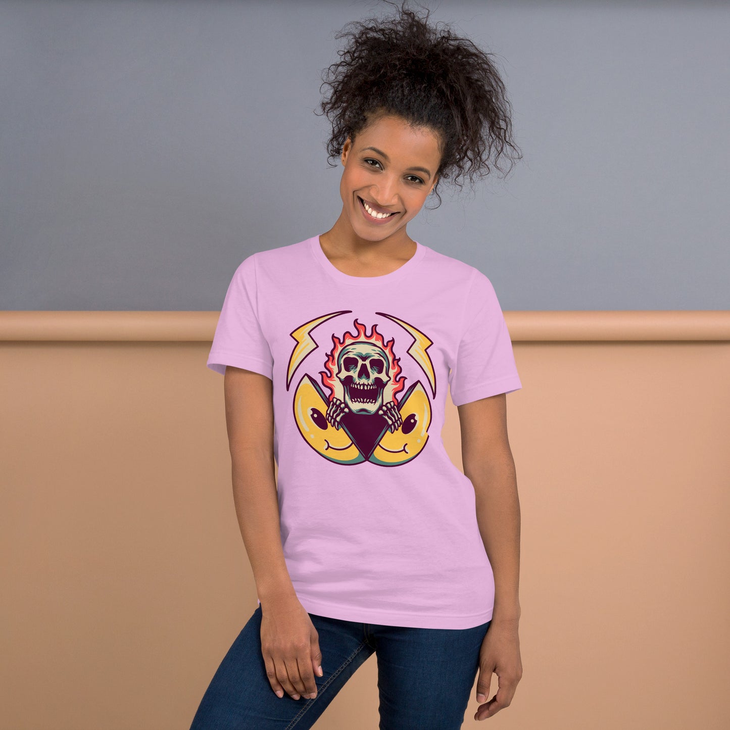 Hipyfi unisex graphic t-shirt featuring flame skull and surreal smiley design in streetwear style. lilac-front