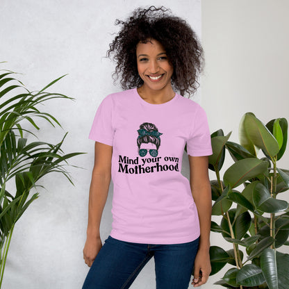 Empowered Mama unisex graphic t-shirt with 'Mind Your Own Motherhood' design – Hipyfi Clothes & Design. lilac-front