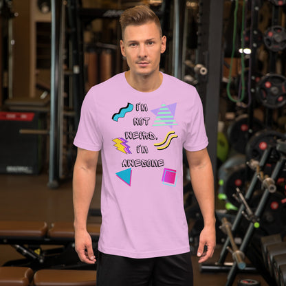 Unisex retro graphic t-shirt with 'I’m Not Weird I’m Awesome' 80s design by Hipyfi Clothes & Design. lilac-front