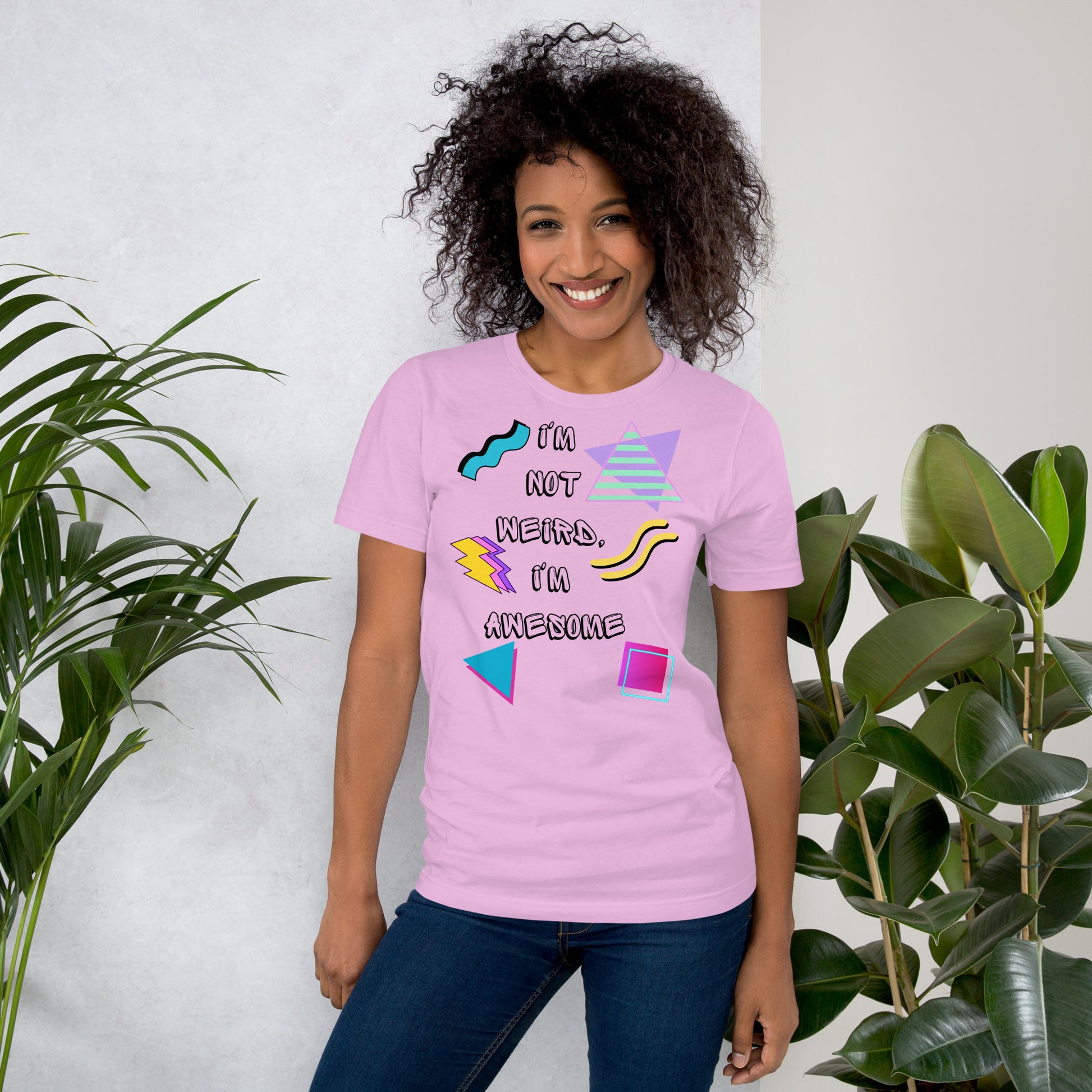 Unisex retro graphic t-shirt with 'I’m Not Weird I’m Awesome' 80s design by Hipyfi Clothes & Design. lilac-front-2
