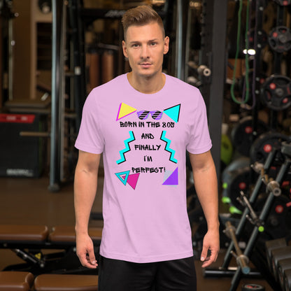 Hipyfi Unisex 80s Retro T-Shirt – Born in the 80s, Perfected for Today, featuring bold 80s graphic design and retro typography. lilac-front