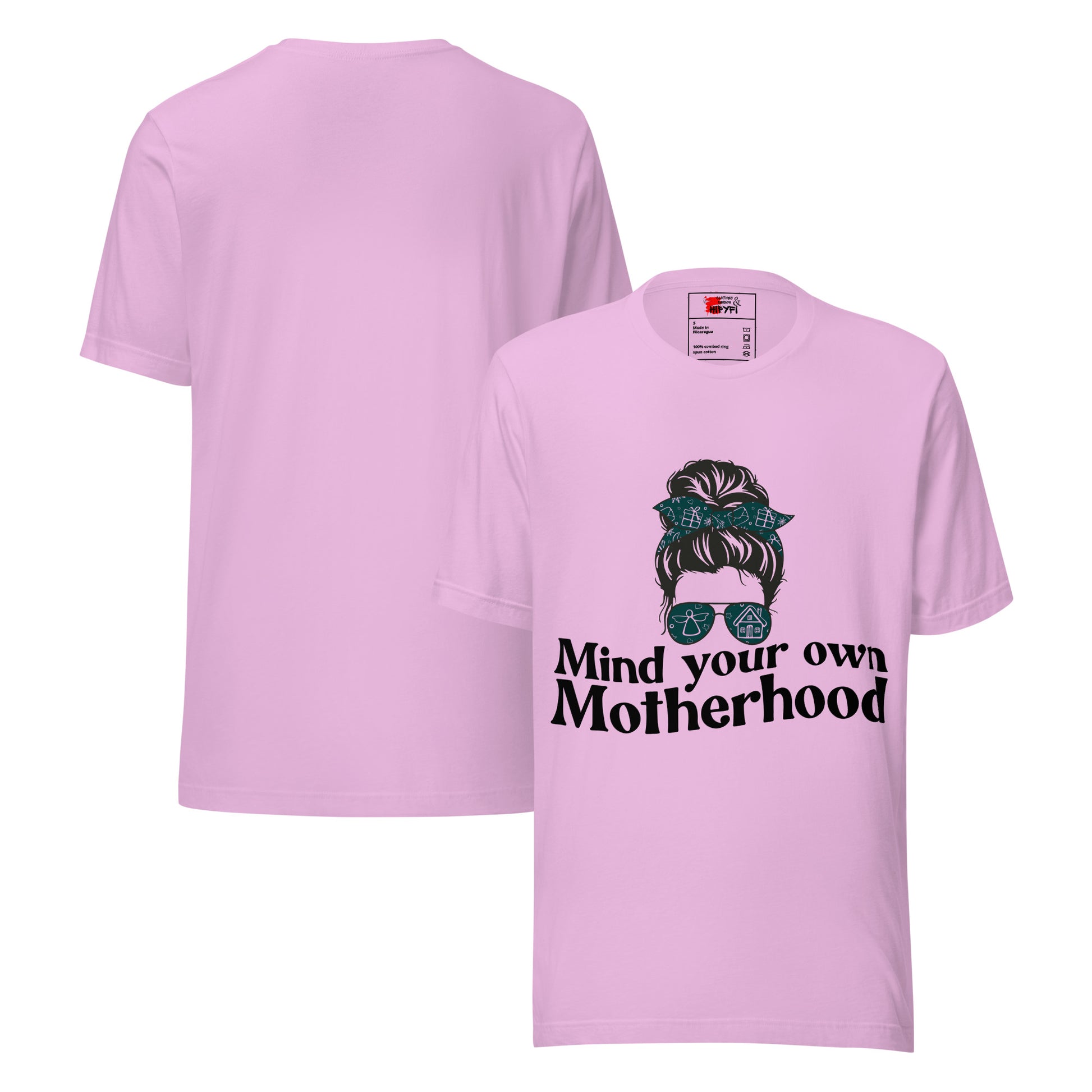 Empowered Mama unisex graphic t-shirt with 'Mind Your Own Motherhood' design – Hipyfi Clothes & Design. lilac-front-and-back