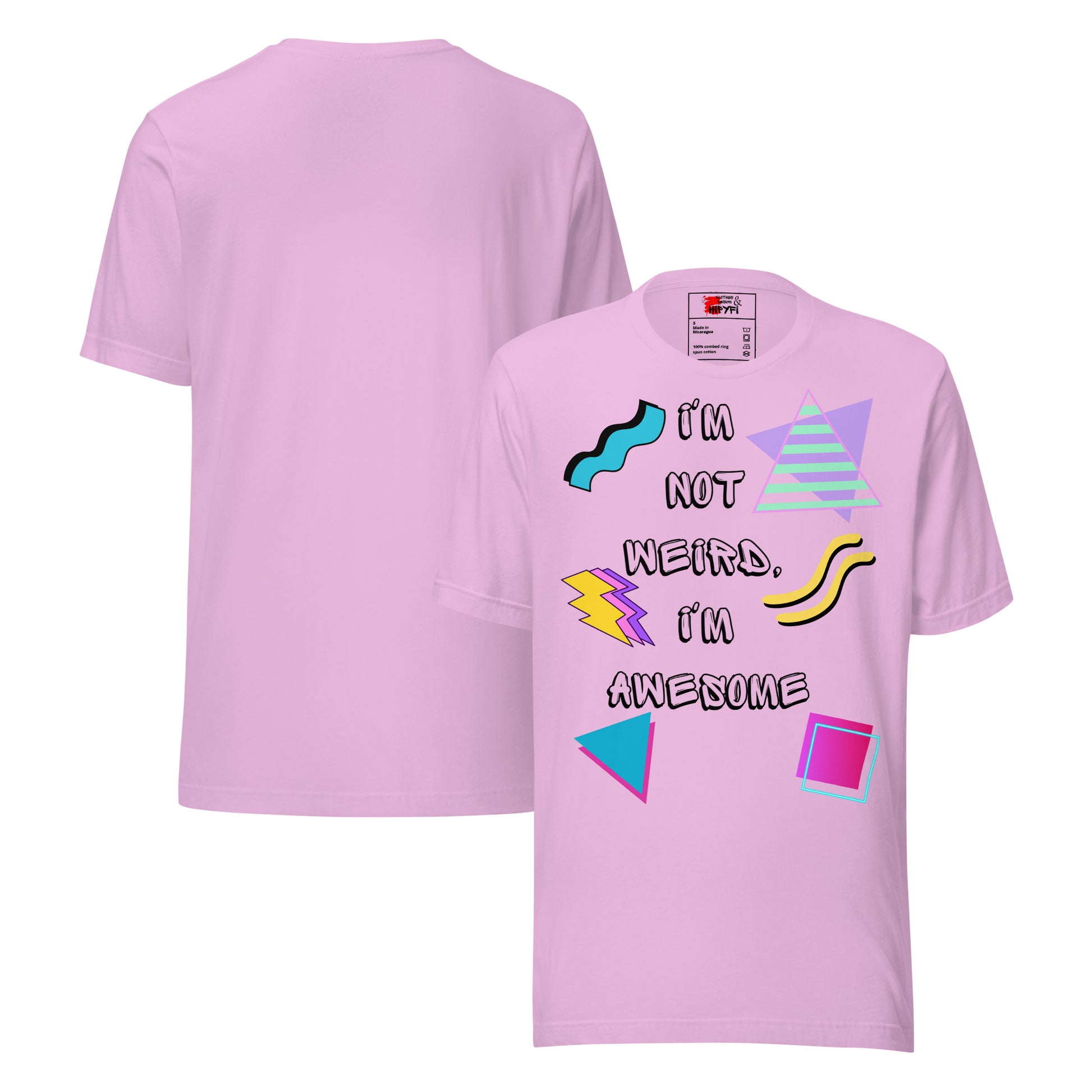 Unisex retro graphic t-shirt with 'I’m Not Weird I’m Awesome' 80s design by Hipyfi Clothes & Design. lilac-front-and-back