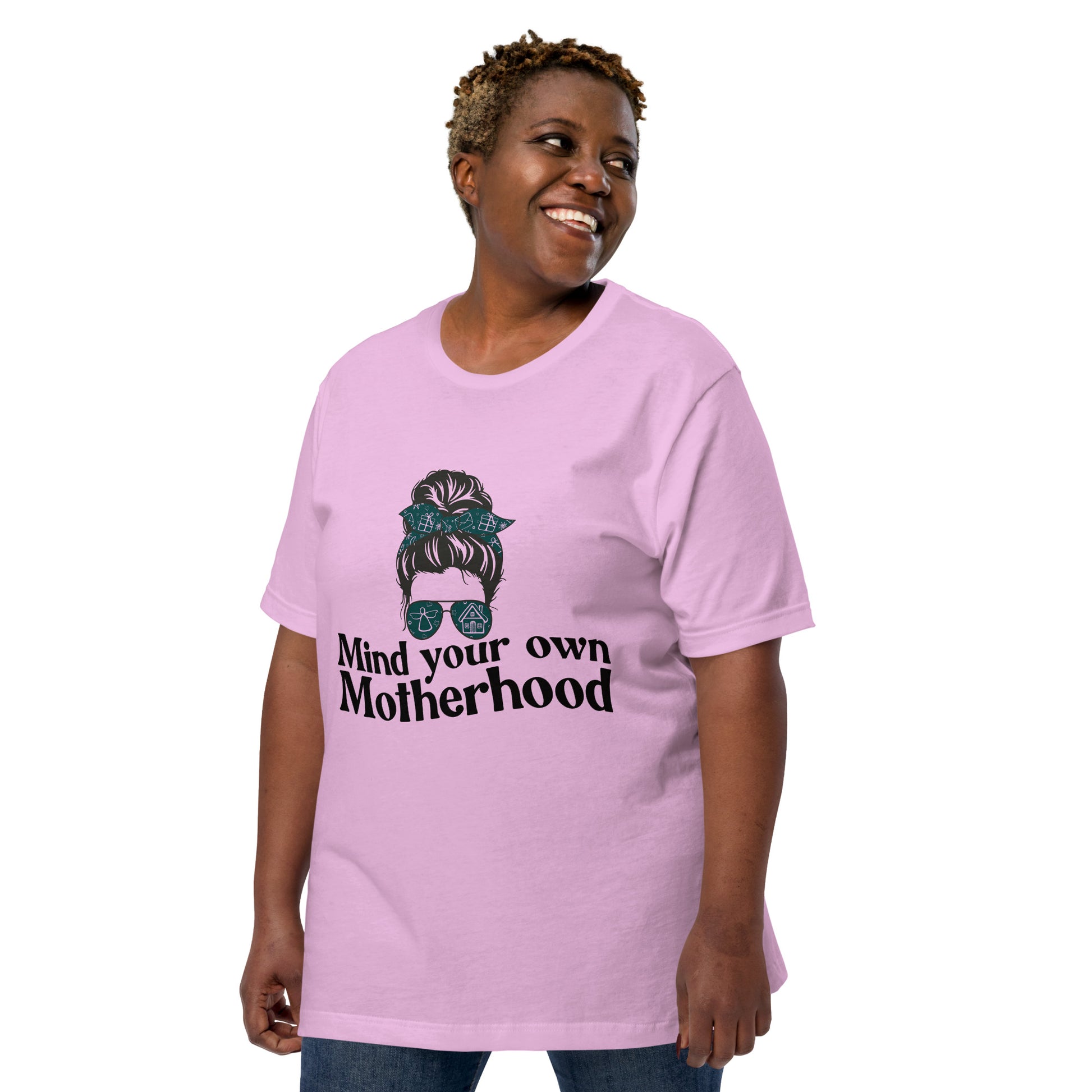 Empowered Mama unisex graphic t-shirt with 'Mind Your Own Motherhood' design – Hipyfi Clothes & Design. lilac-left-front