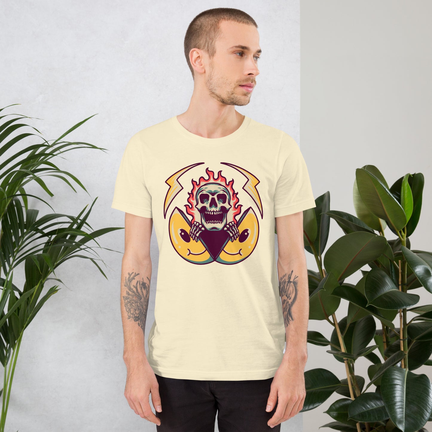 Hipyfi unisex graphic t-shirt featuring flame skull and surreal smiley design in streetwear style. natural-front-2