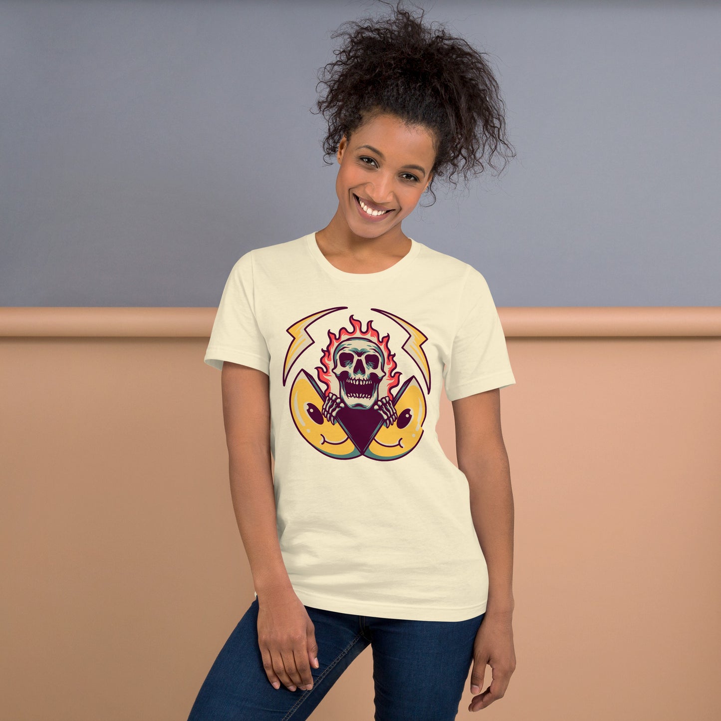Hipyfi unisex graphic t-shirt featuring flame skull and surreal smiley design in streetwear style. natural-front