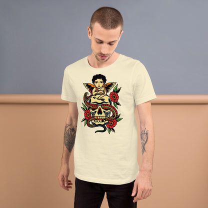 Unisex tattoo art T-shirt featuring cherub, skull, and snake design – Hipyfi vintage graphic tee. natural-front-2