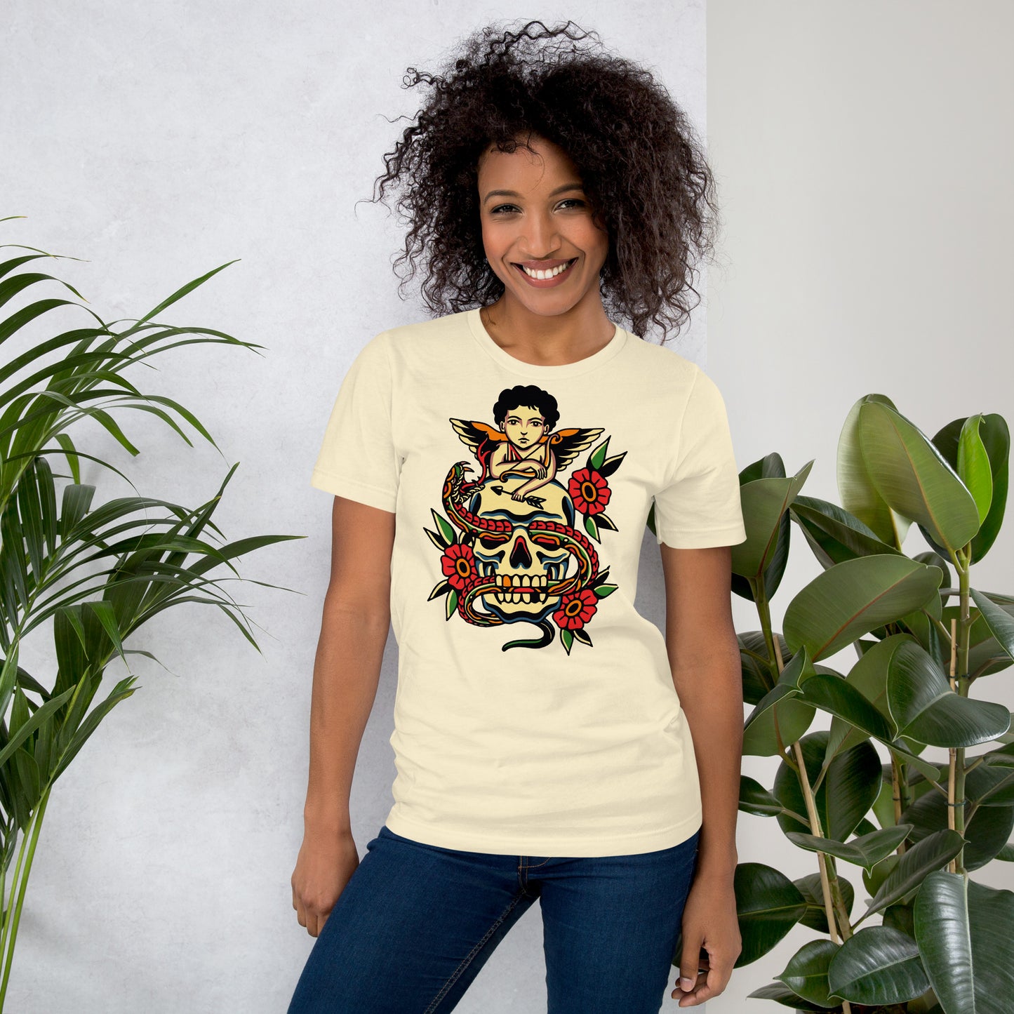 Unisex tattoo art T-shirt featuring cherub, skull, and snake design – Hipyfi vintage graphic tee. natural-front