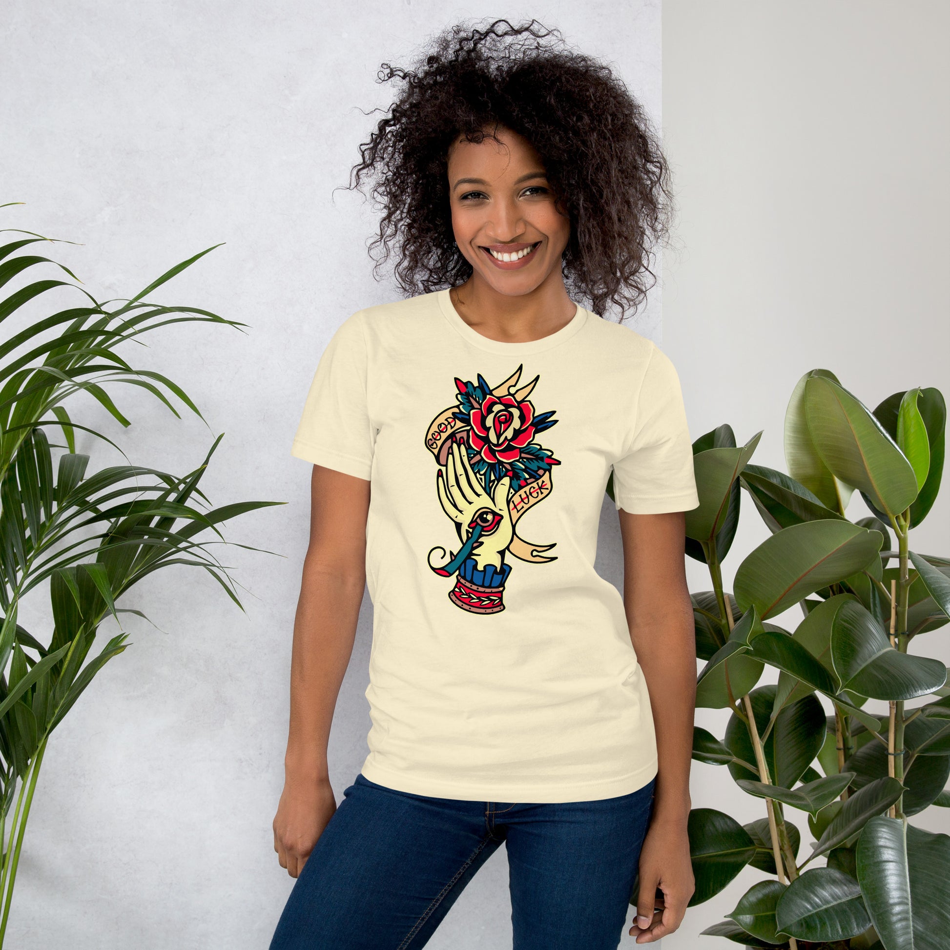 Unisex vintage tattoo t-shirt with good luck rose and hand design by Hipyfi Clothes & Design. natural-front-2