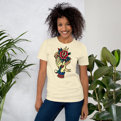Unisex vintage tattoo t-shirt with good luck rose and hand design by Hipyfi Clothes & Design. natural-front-2