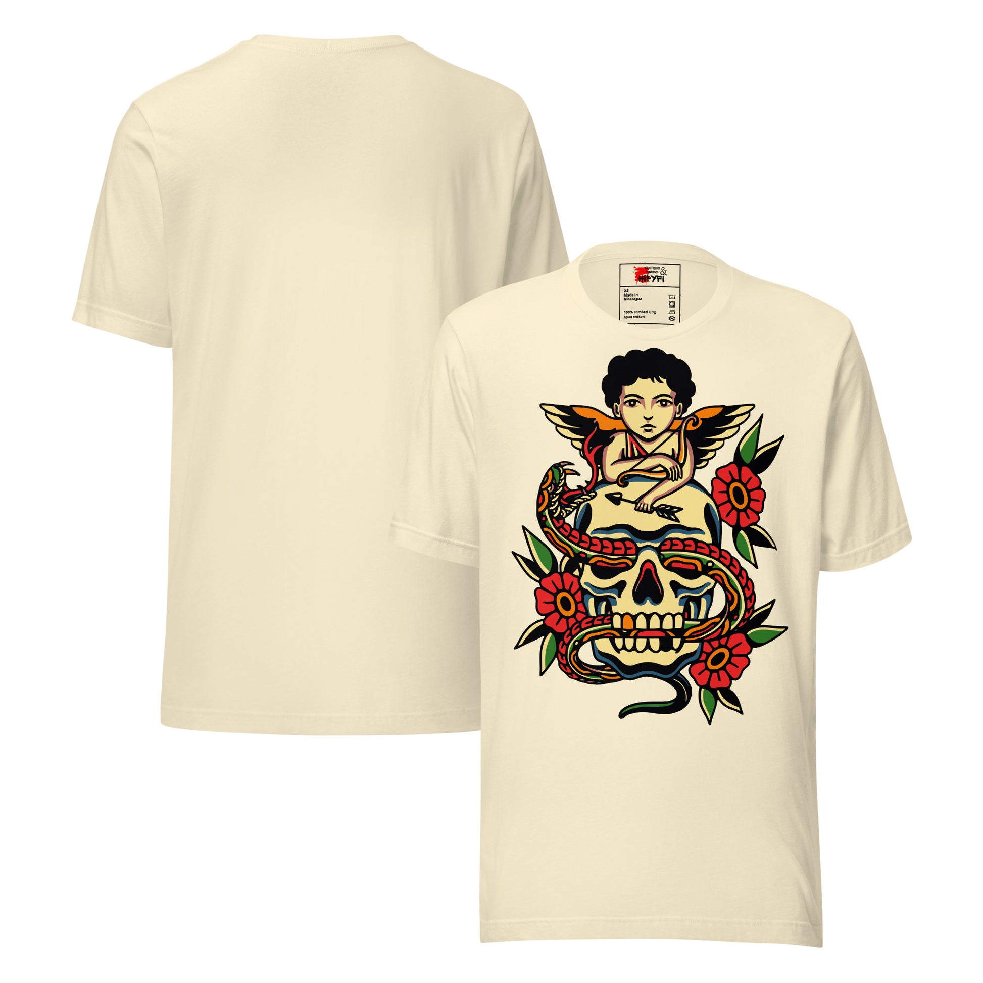 Unisex tattoo art T-shirt featuring cherub, skull, and snake design – Hipyfi vintage graphic tee. natural-front-3