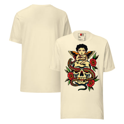 Unisex tattoo art T-shirt featuring cherub, skull, and snake design – Hipyfi vintage graphic tee. natural-front-3