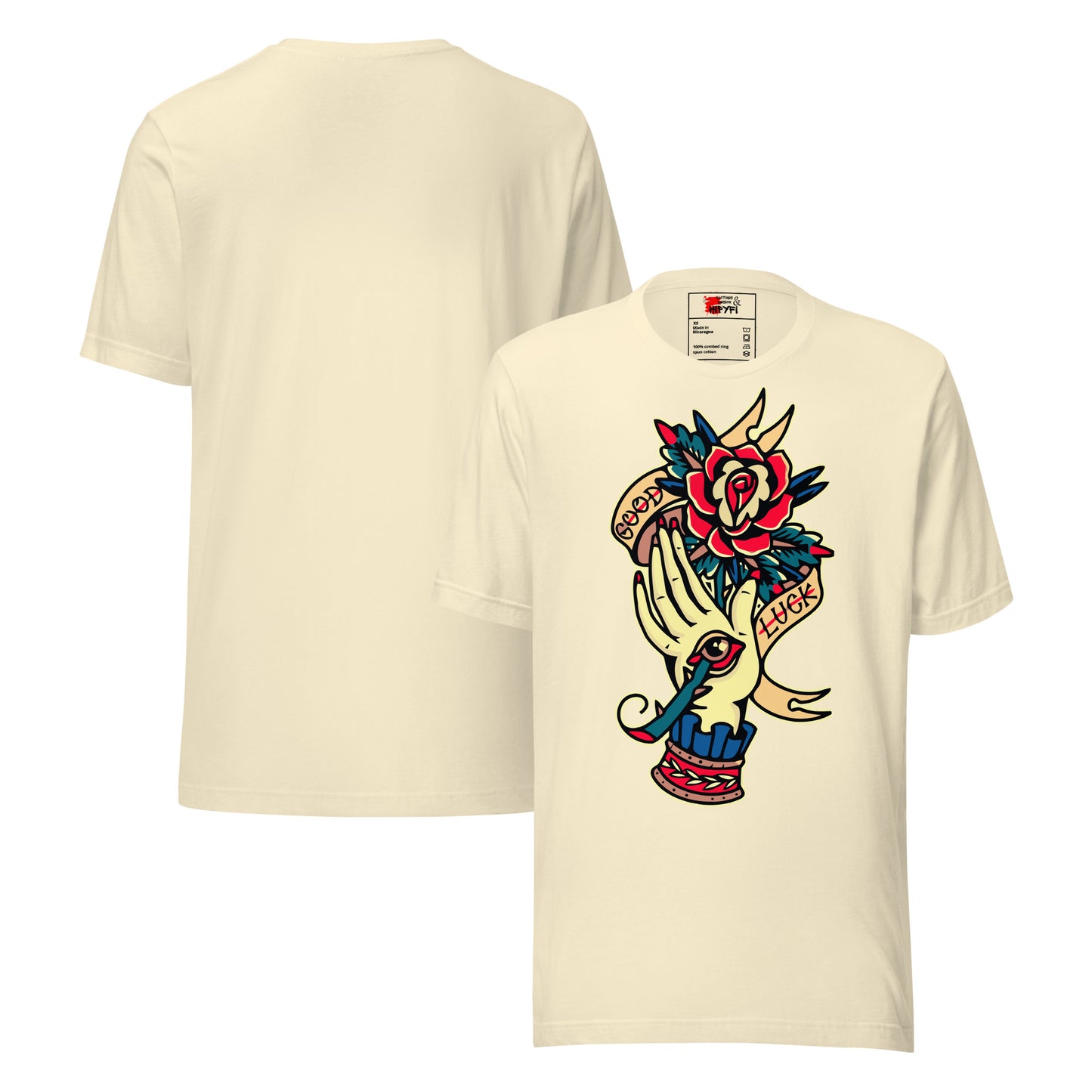 Unisex vintage tattoo t-shirt with good luck rose and hand design by Hipyfi Clothes & Design. natural-front-and-back