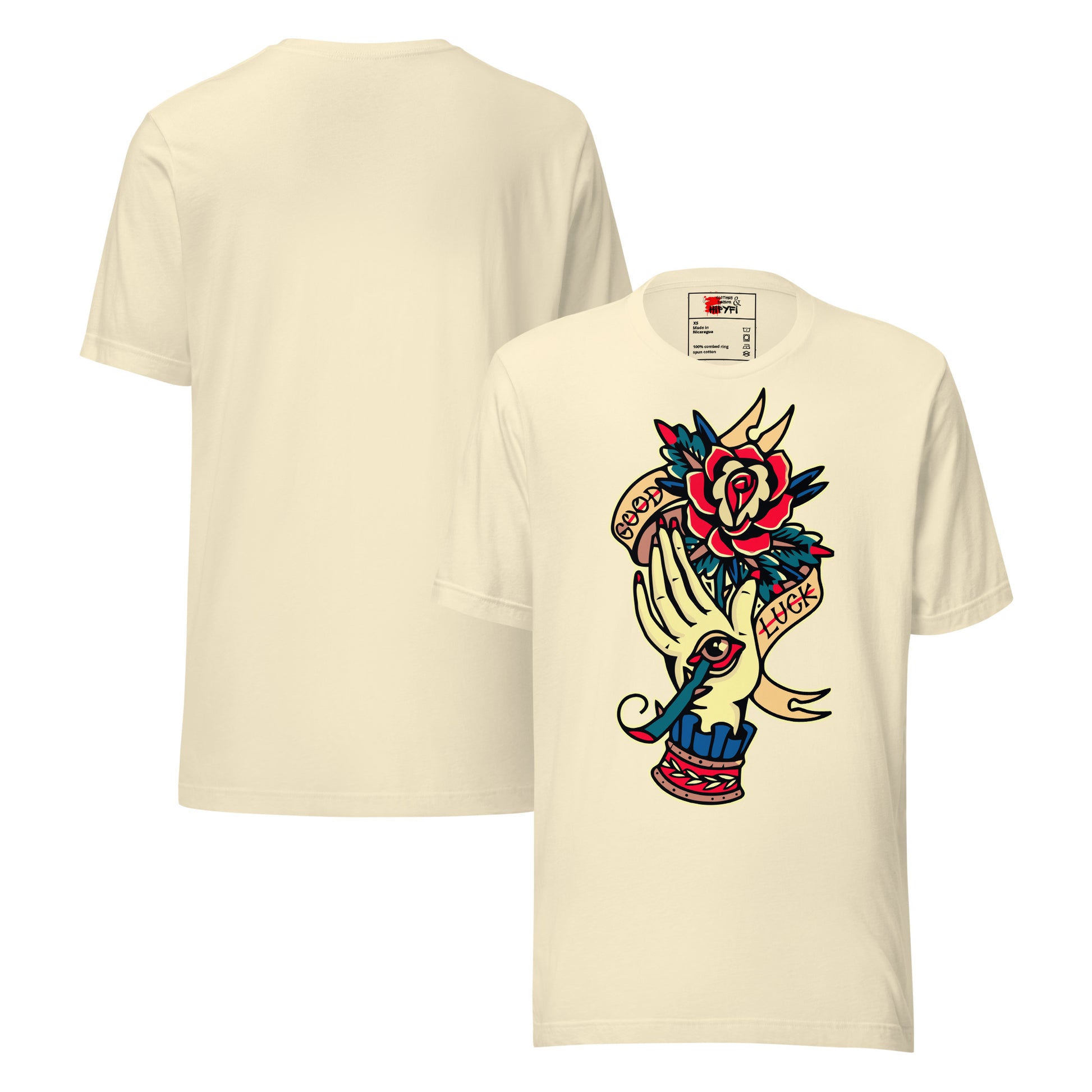 Unisex vintage tattoo t-shirt with good luck rose and hand design by Hipyfi Clothes & Design. natural-front-and-back