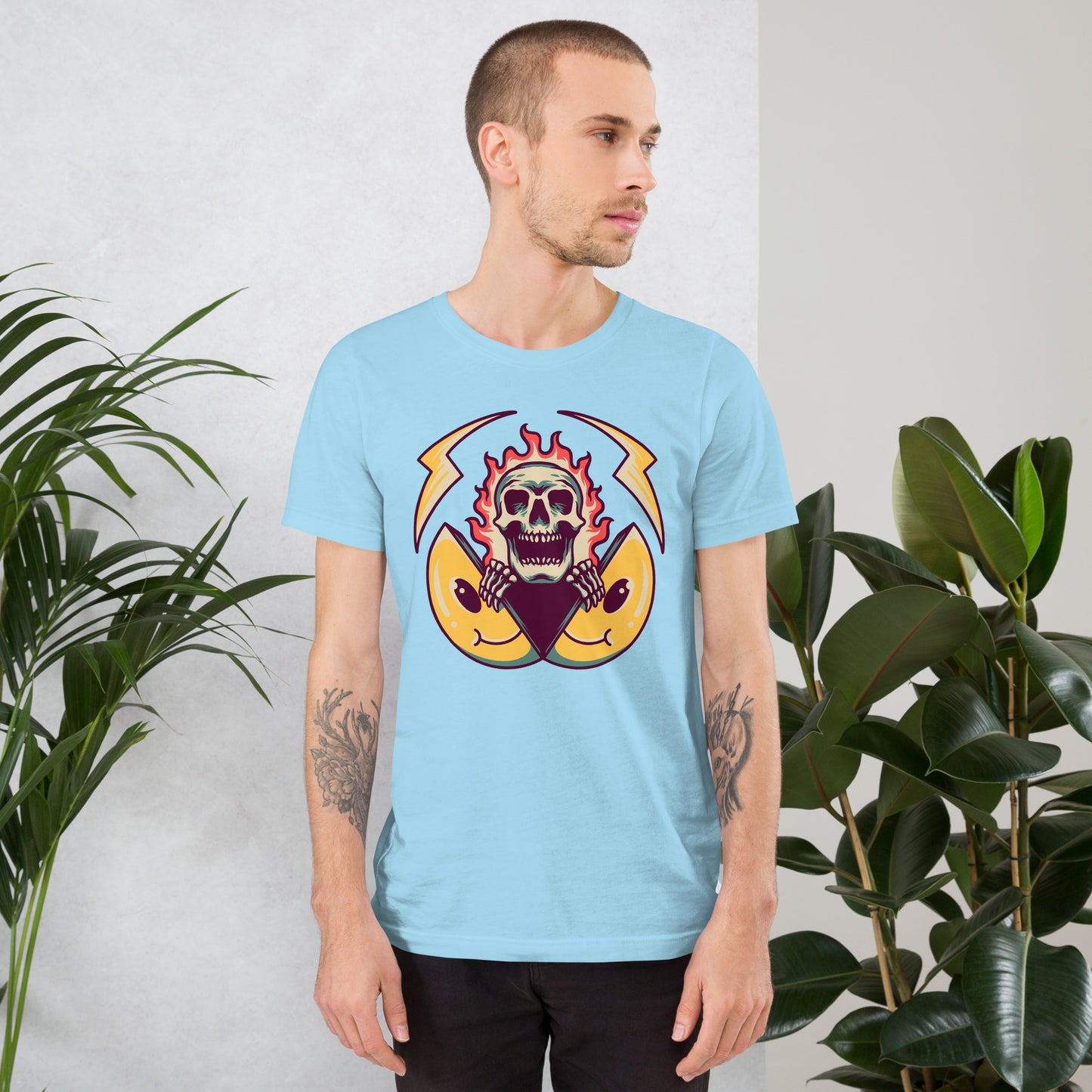Hipyfi unisex graphic t-shirt featuring flame skull and surreal smiley design in streetwear style. ocean-blue-front-2