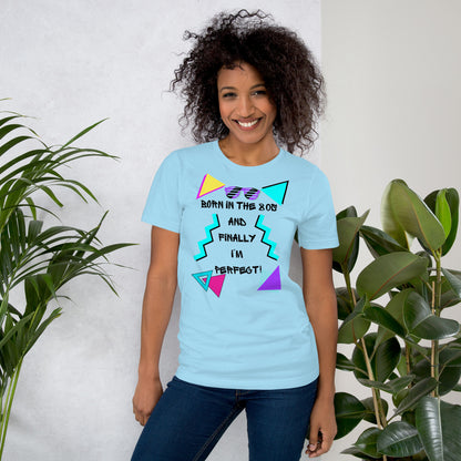 Hipyfi Unisex 80s Retro T-Shirt – Born in the 80s, Perfected for Today, featuring bold 80s graphic design and retro typography. ocean-blue-front-2