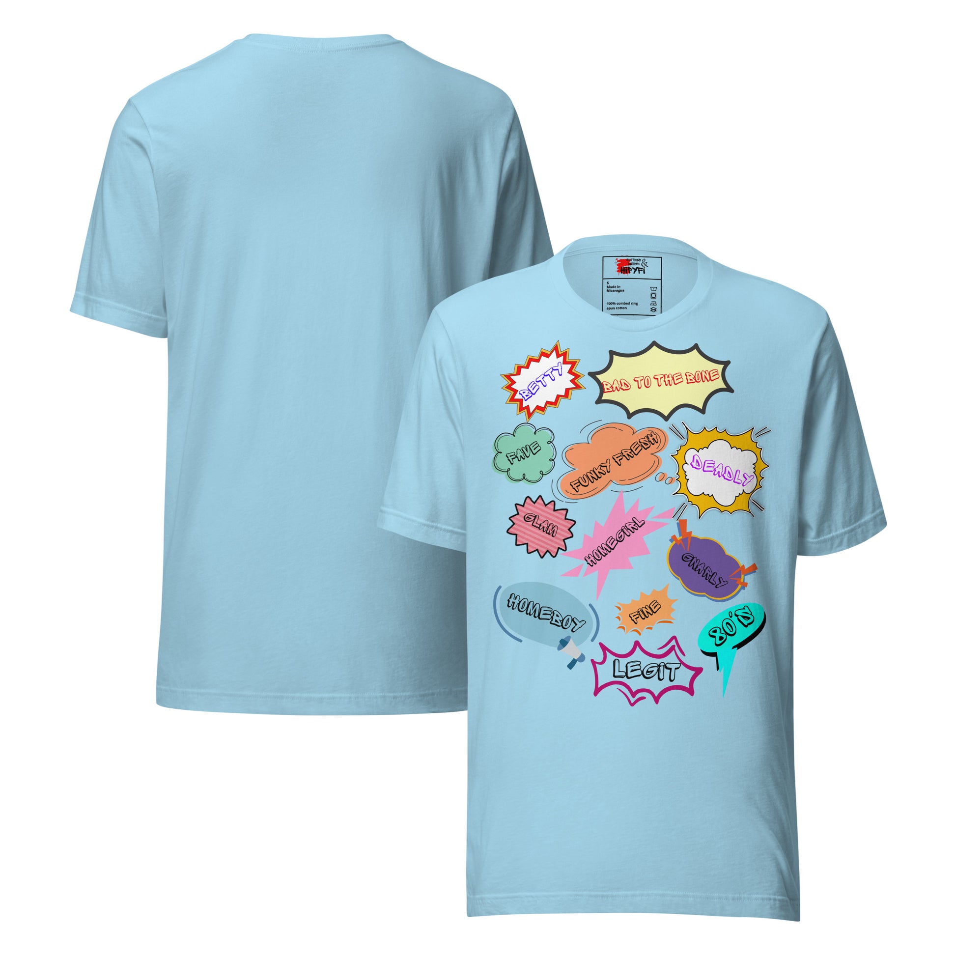 Unisex 80s graphic t-shirt with comic-style slang design by Hipyfi Clothes & Design. ocean-blue-front-and-back