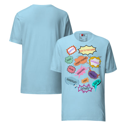 Unisex 80s graphic t-shirt with comic-style slang design by Hipyfi Clothes & Design. ocean-blue-front-and-back