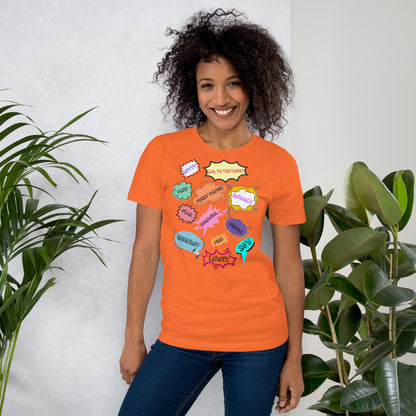 Unisex 80s graphic t-shirt with comic-style slang design by Hipyfi Clothes & Design. orange-front