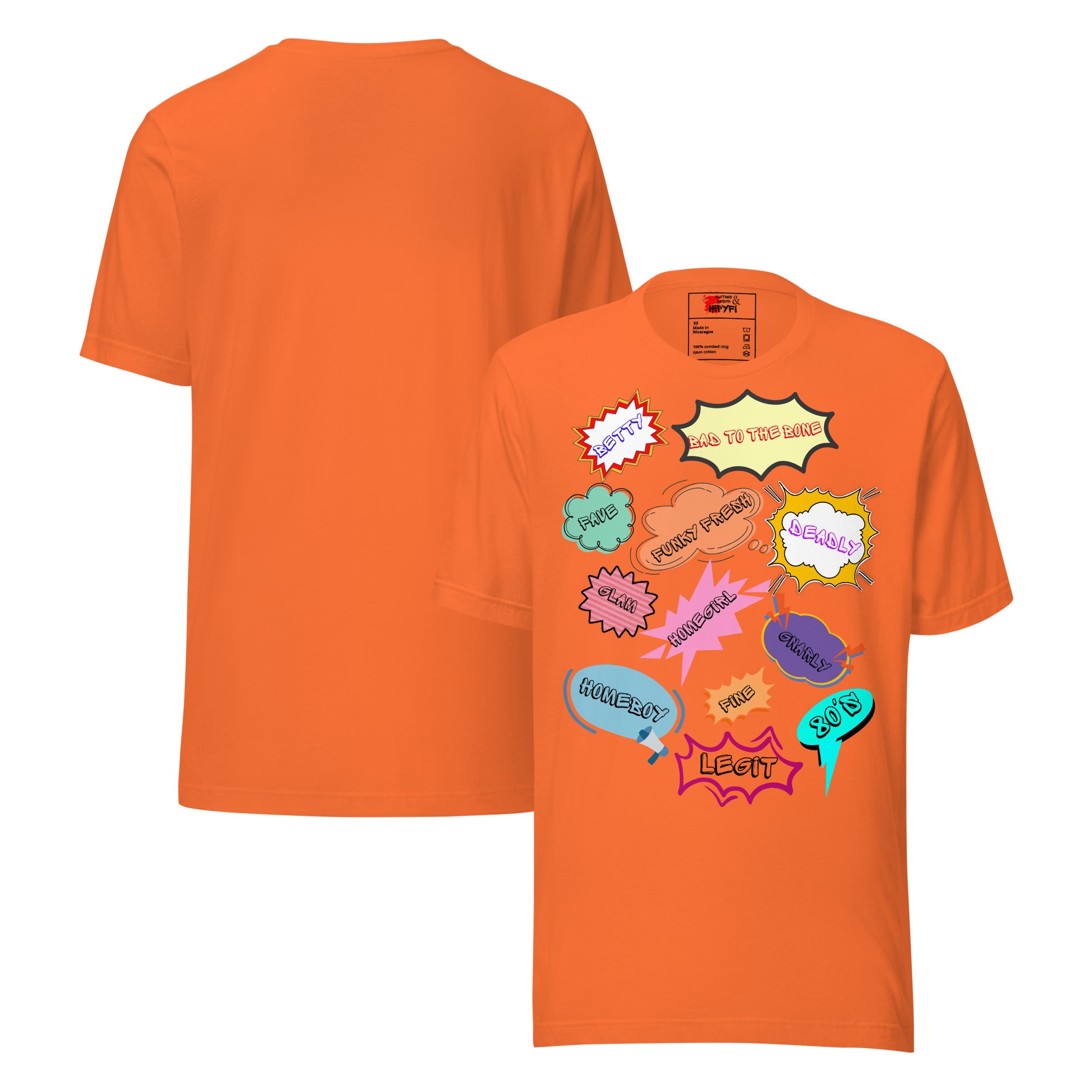 Unisex 80s graphic t-shirt with comic-style slang design by Hipyfi Clothes & Design. orange-front-and-back