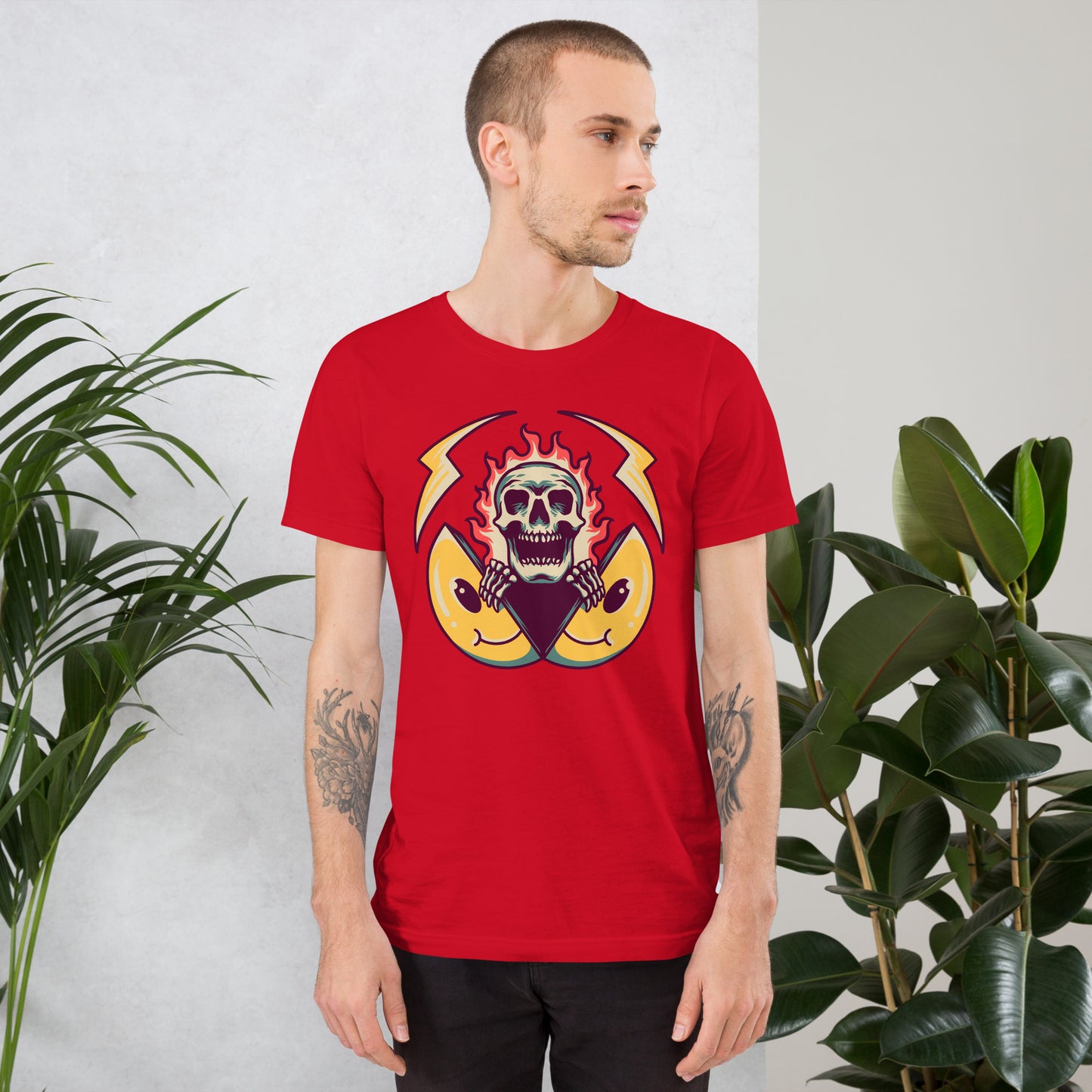 Hipyfi unisex graphic t-shirt featuring flame skull and surreal smiley design in streetwear style. red-front-2