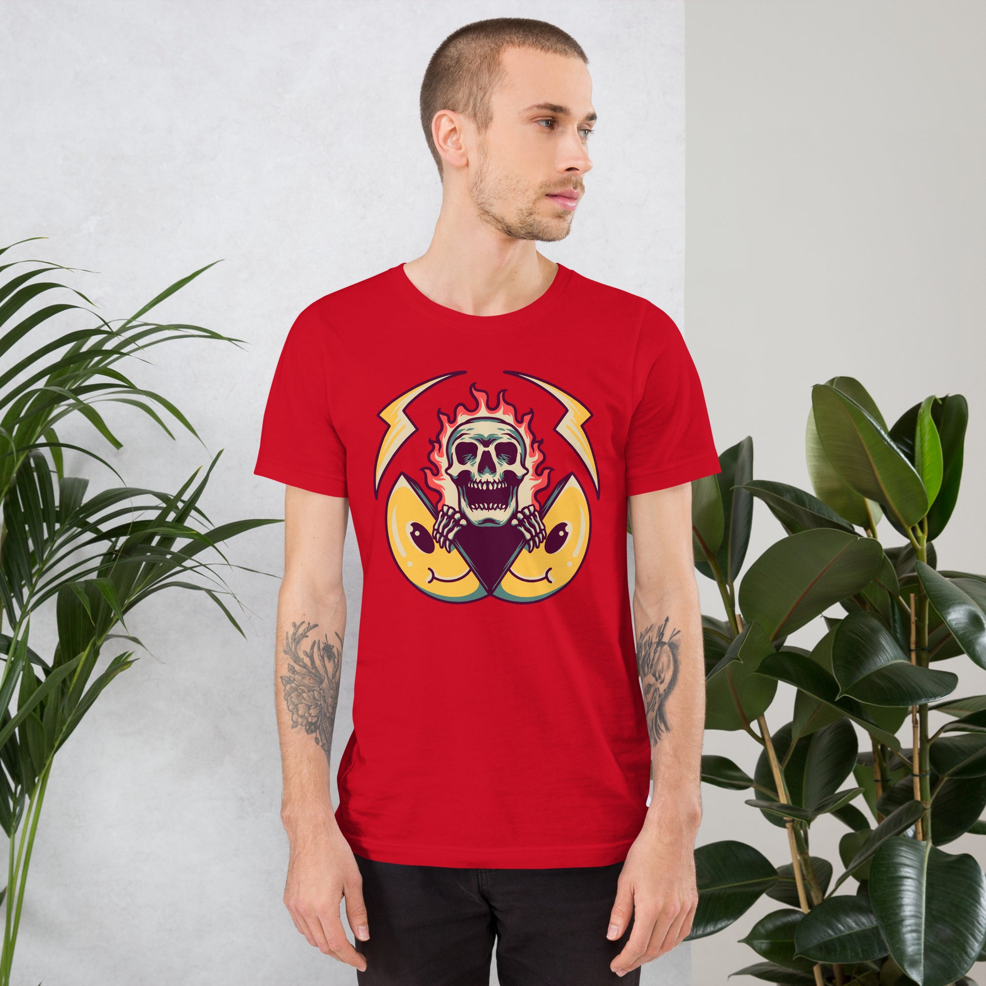 Hipyfi unisex graphic t-shirt featuring flame skull and surreal smiley design in streetwear style. red-front-2