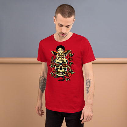 Unisex tattoo art T-shirt featuring cherub, skull, and snake design – Hipyfi vintage graphic tee. red-front-2
