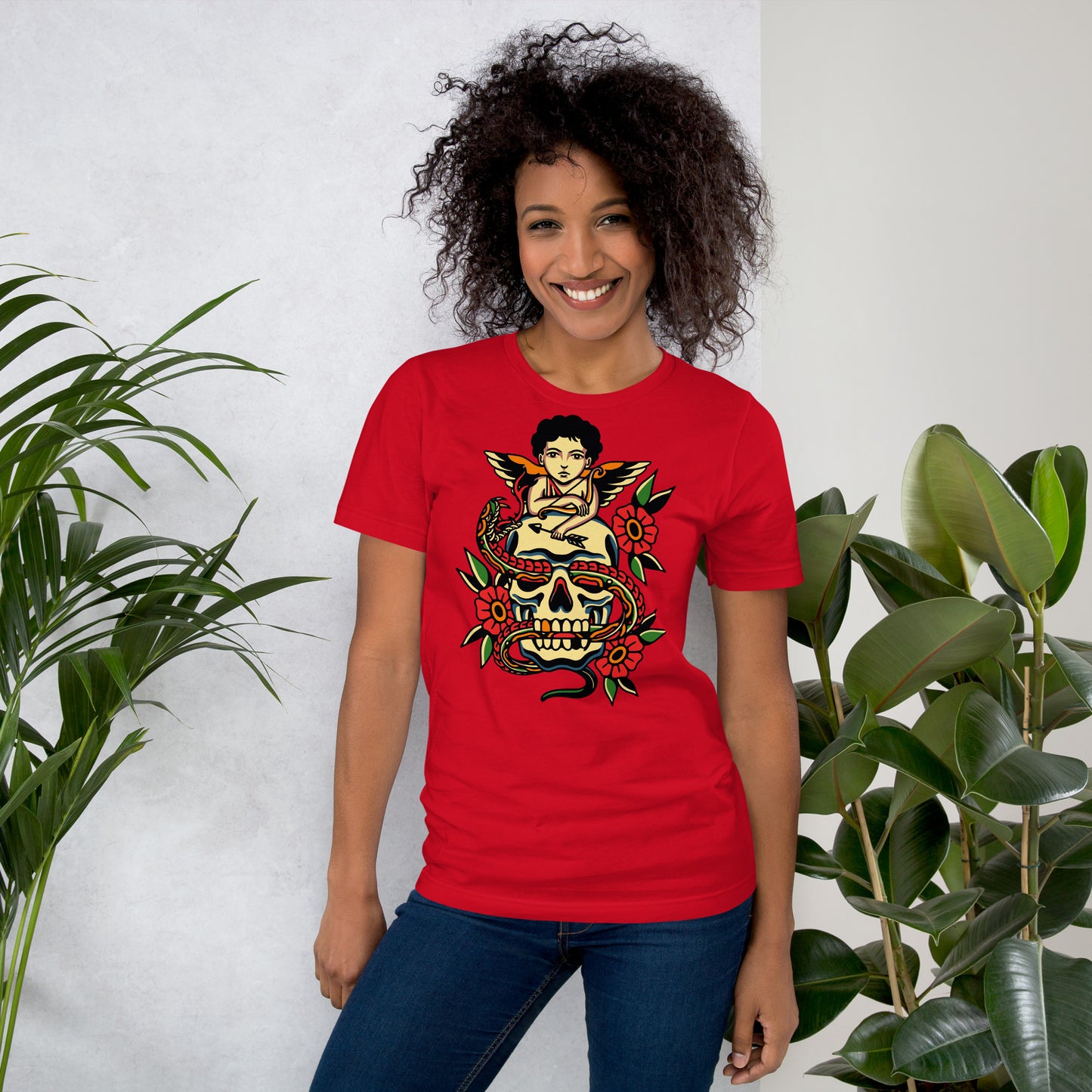 Unisex tattoo art T-shirt featuring cherub, skull, and snake design – Hipyfi vintage graphic tee. red-front