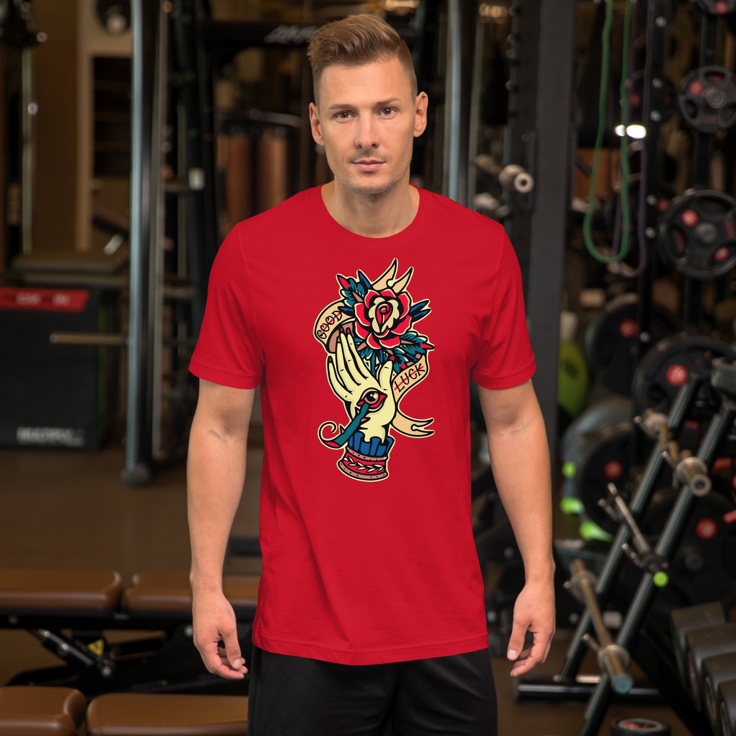 Unisex vintage tattoo t-shirt with good luck rose and hand design by Hipyfi Clothes & Design. red-front