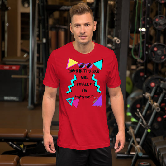 Hipyfi Unisex 80s Retro T-Shirt – Born in the 80s, Perfected for Today, featuring bold 80s graphic design and retro typography. red-front