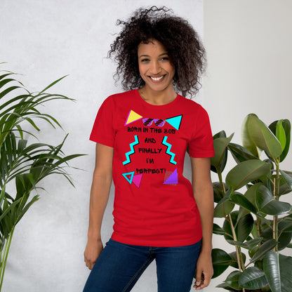 Hipyfi Unisex 80s Retro T-Shirt – Born in the 80s, Perfected for Today, featuring bold 80s graphic design and retro typography. red-front-2