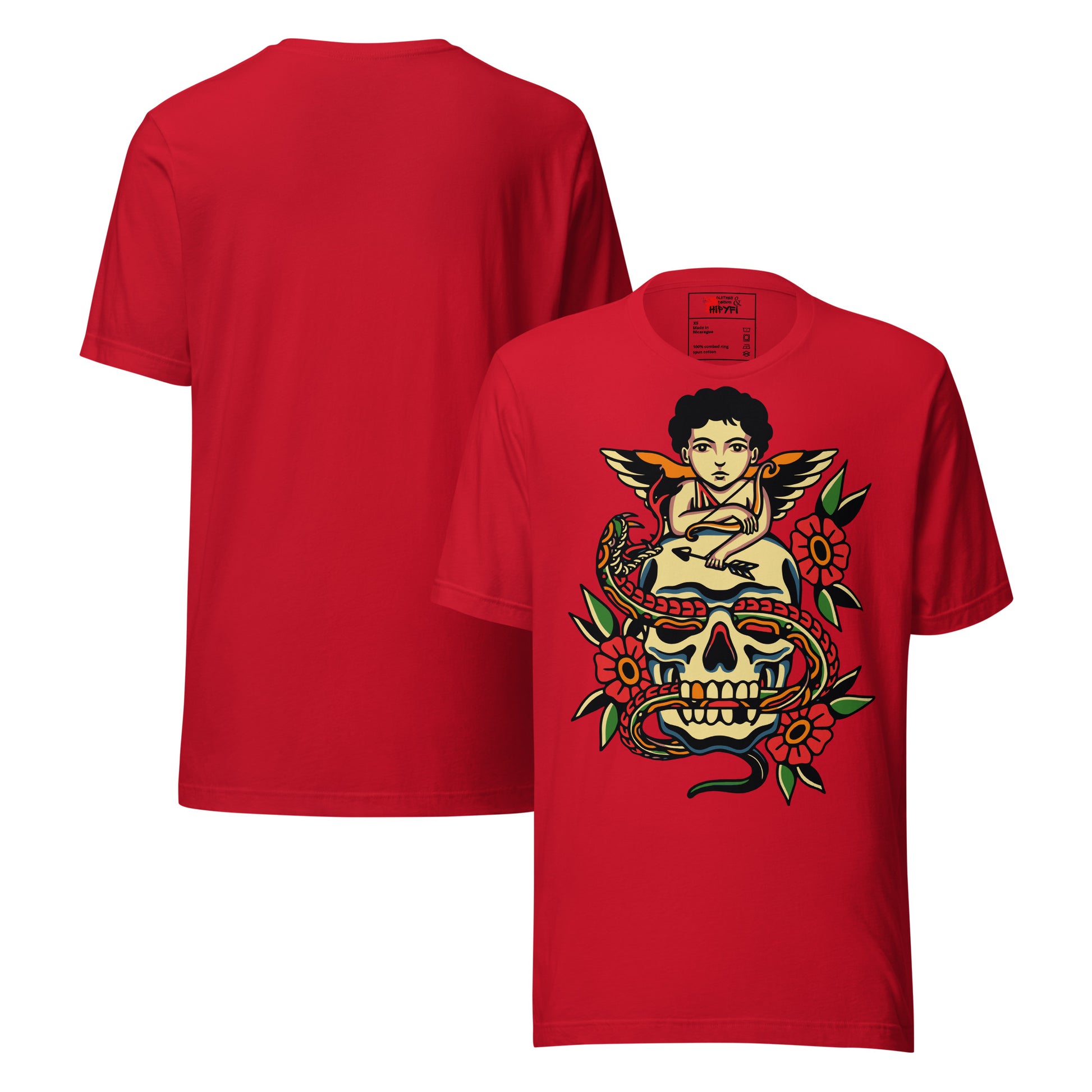 Unisex tattoo art T-shirt featuring cherub, skull, and snake design – Hipyfi vintage graphic tee. red-front-3