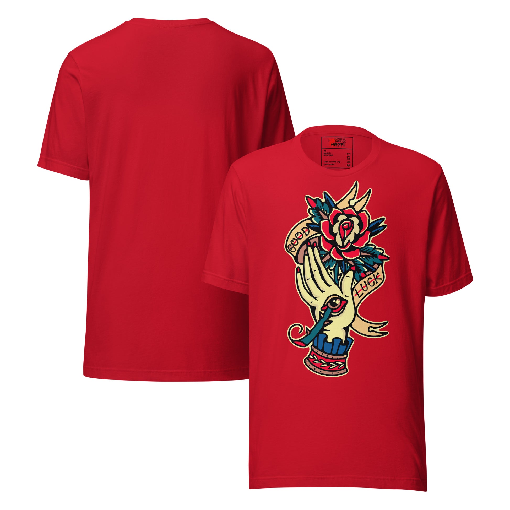 Unisex vintage tattoo t-shirt with good luck rose and hand design by Hipyfi Clothes & Design. red-front-and-back