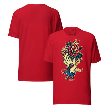 Unisex vintage tattoo t-shirt with good luck rose and hand design by Hipyfi Clothes & Design. red-front-and-back