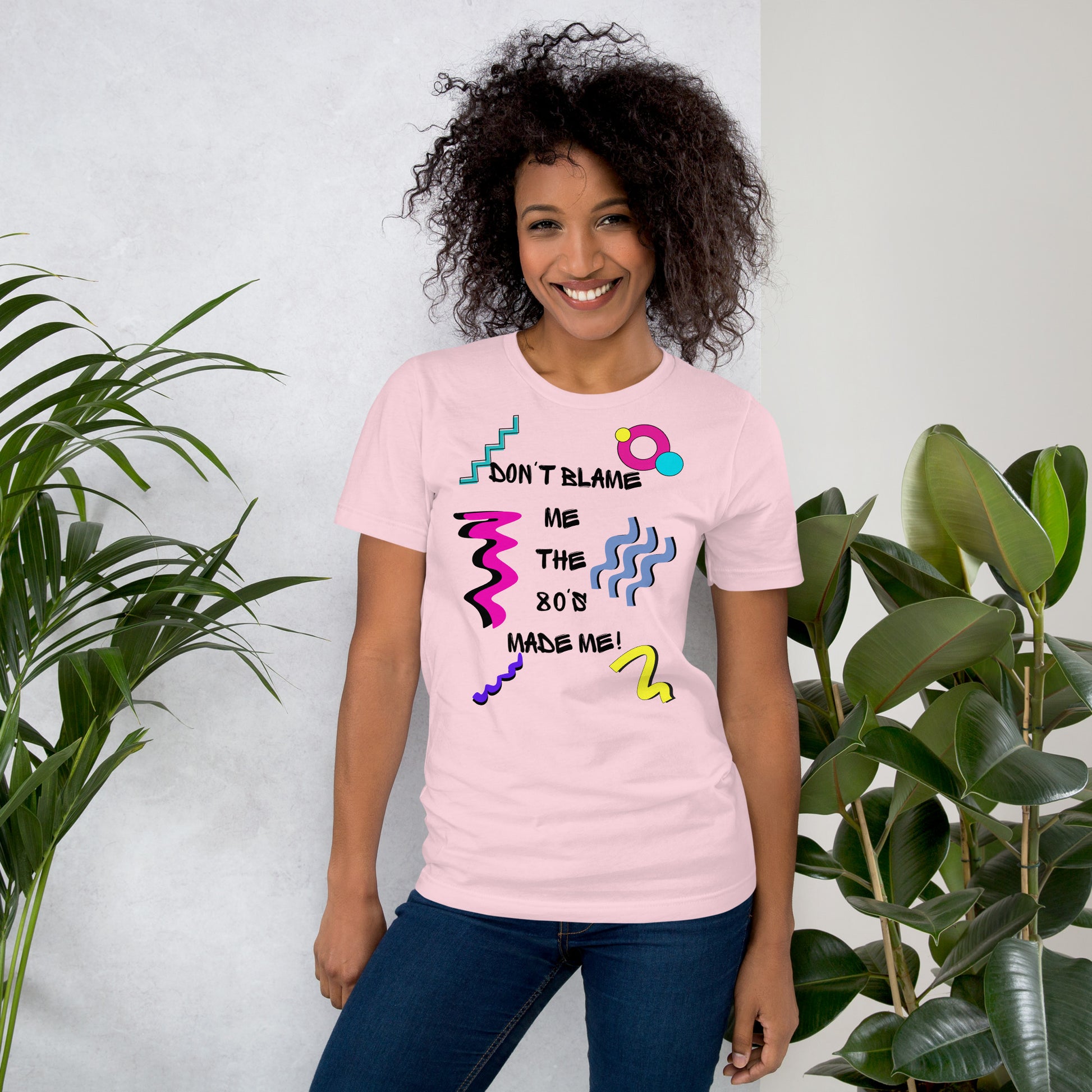 Unisex 80s Retro Graphic T-Shirt with 'Don’t Blame Me, the 80s Made Me' design – Hipyfi Clothes & Design. soft-pink-front-2