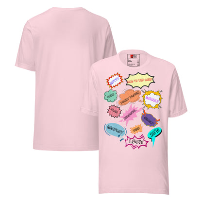 Unisex 80s graphic t-shirt with comic-style slang design by Hipyfi Clothes & Design. soft-pink-front-and-back