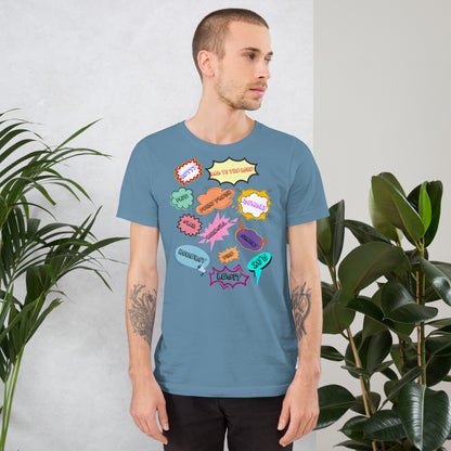 Unisex 80s graphic t-shirt with comic-style slang design by Hipyfi Clothes & Design. steel-blue-front-2