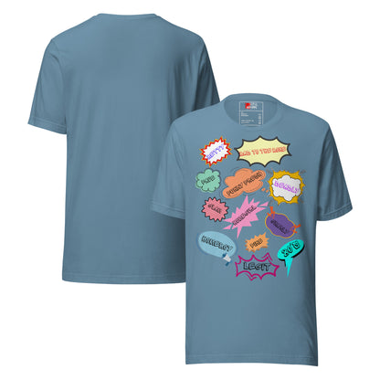 Unisex 80s graphic t-shirt with comic-style slang design by Hipyfi Clothes & Design. steel-blue-front-and-back