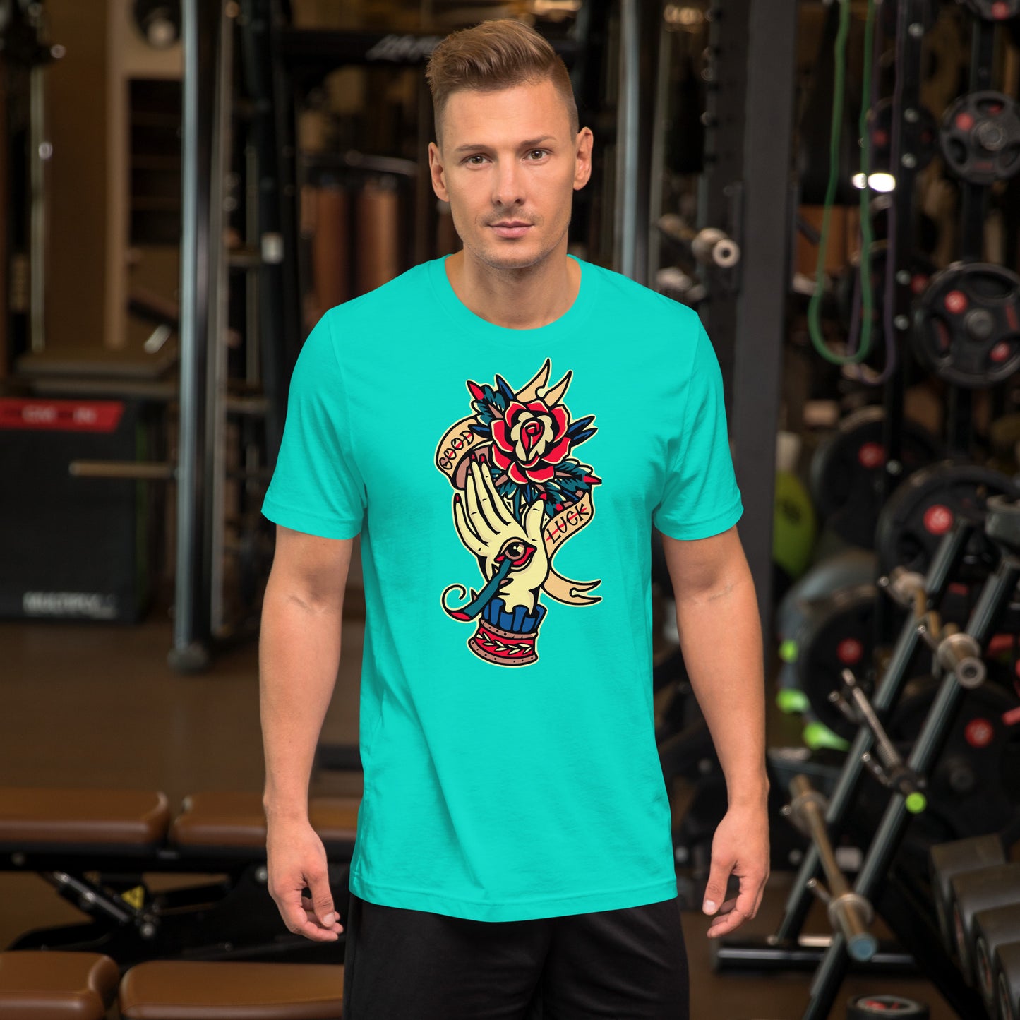 Unisex vintage tattoo t-shirt with good luck rose and hand design by Hipyfi Clothes & Design. teal-front