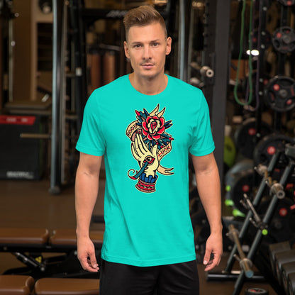 Unisex vintage tattoo t-shirt with good luck rose and hand design by Hipyfi Clothes & Design. teal-front