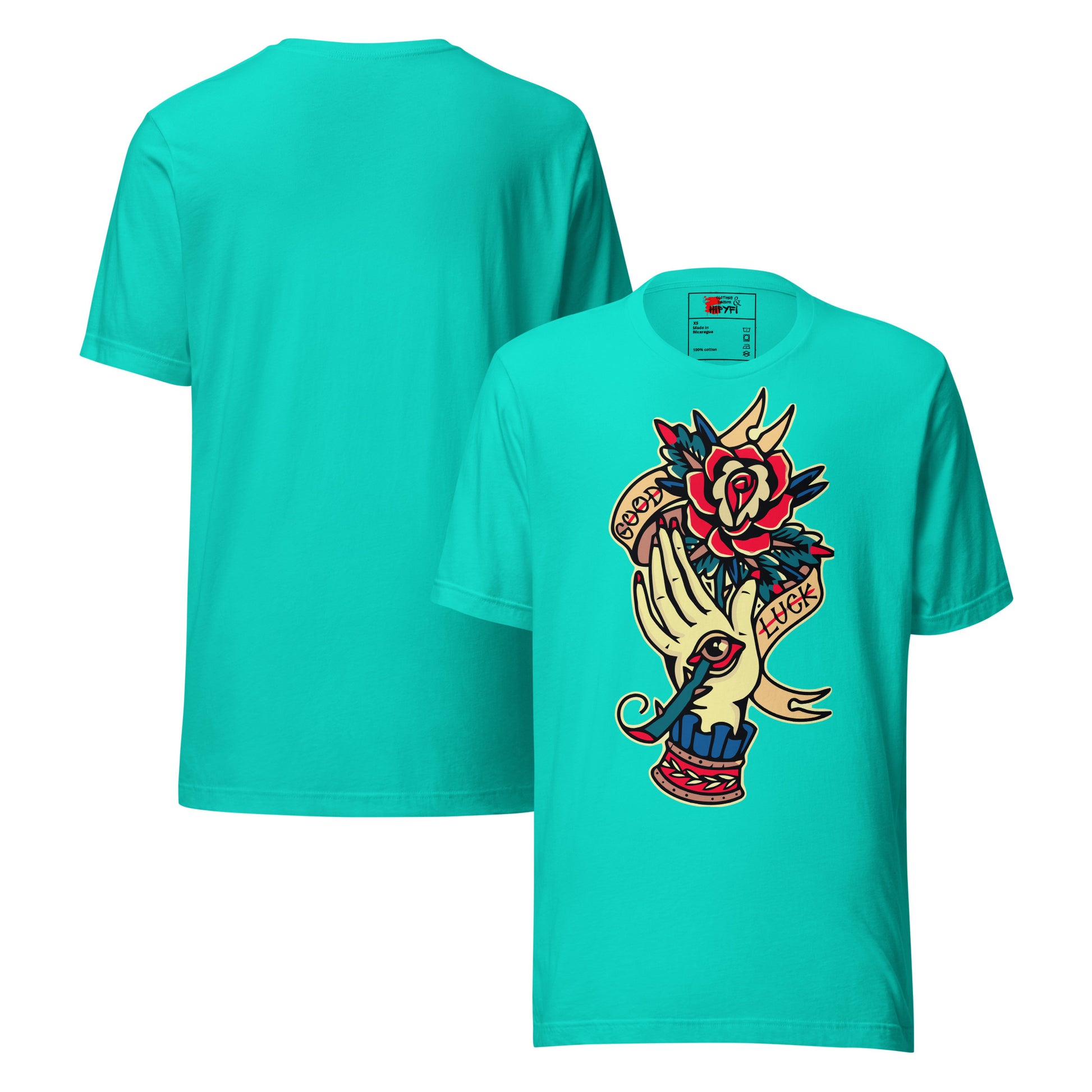 Unisex vintage tattoo t-shirt with good luck rose and hand design by Hipyfi Clothes & Design. teal-front-and-back