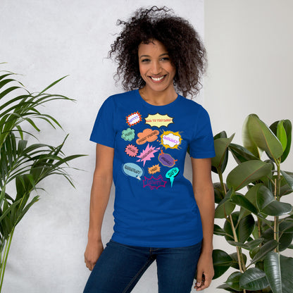 Unisex 80s graphic t-shirt with comic-style slang design by Hipyfi Clothes & Design. true-royal-front
