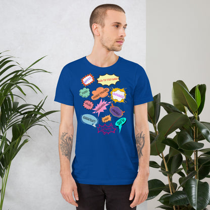 Unisex 80s graphic t-shirt with comic-style slang design by Hipyfi Clothes & Design. true-royal-front-2