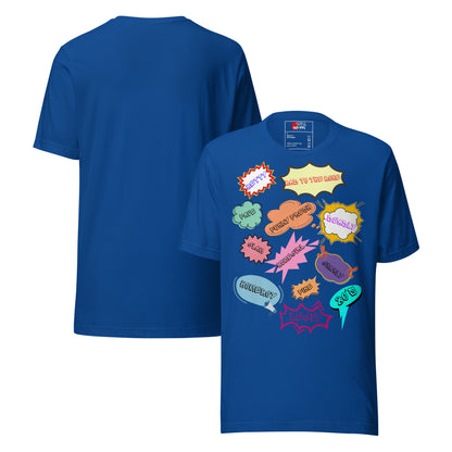 Unisex 80s graphic t-shirt with comic-style slang design by Hipyfi Clothes & Design. true-royal-front-and-back