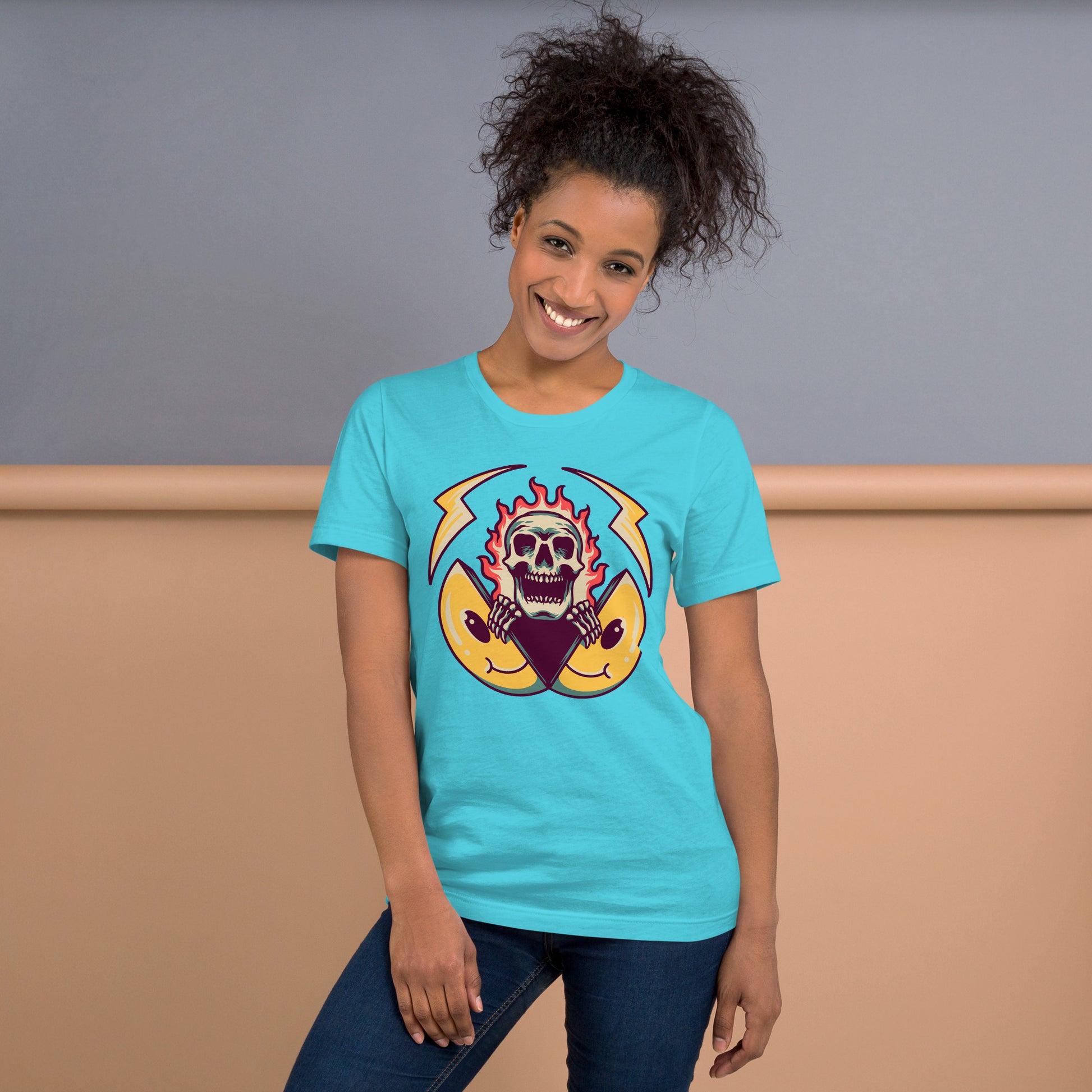 Hipyfi unisex graphic t-shirt featuring flame skull and surreal smiley design in streetwear style. turquoise-front