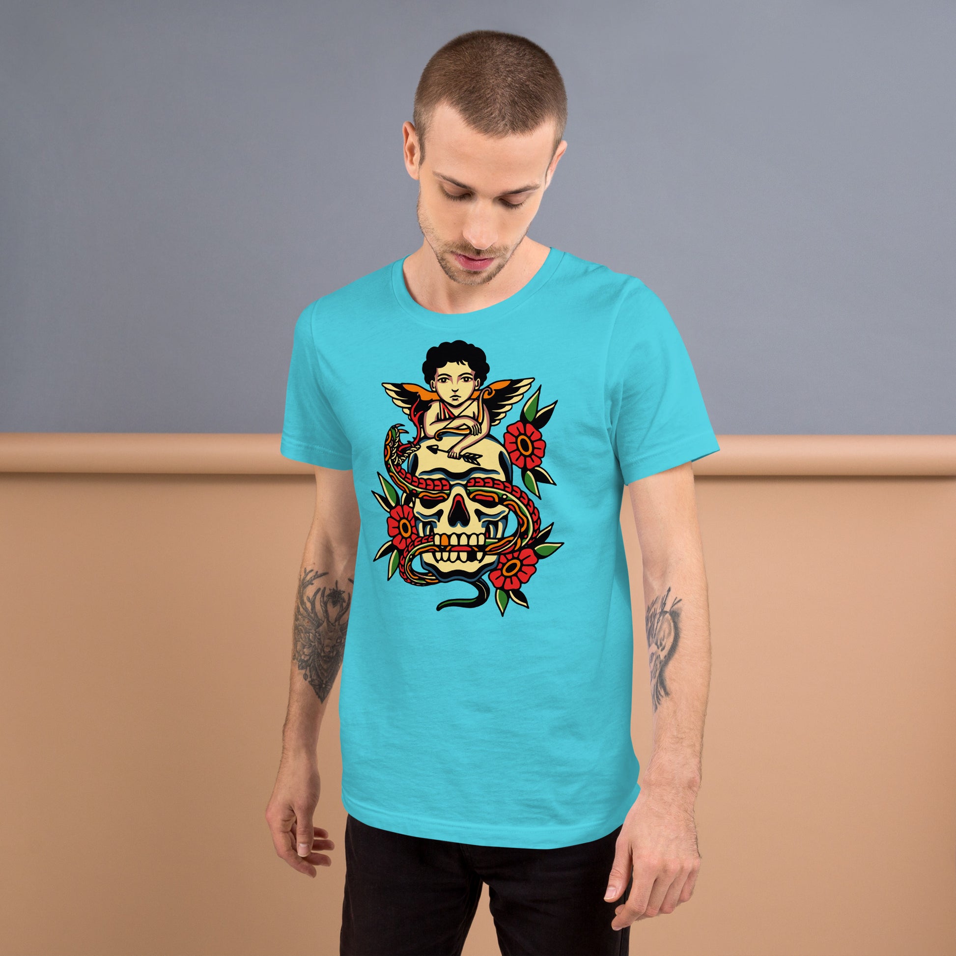 Unisex tattoo art T-shirt featuring cherub, skull, and snake design – Hipyfi vintage graphic tee. turquoise-front-2