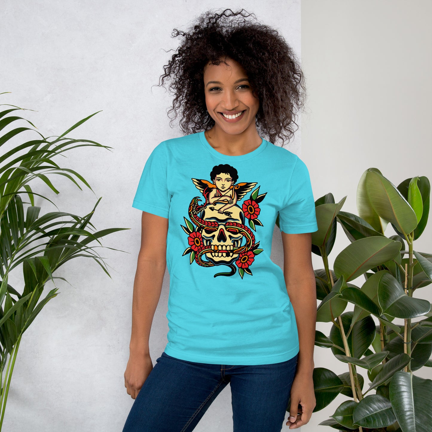 Unisex tattoo art T-shirt featuring cherub, skull, and snake design – Hipyfi vintage graphic tee. turquoise-front